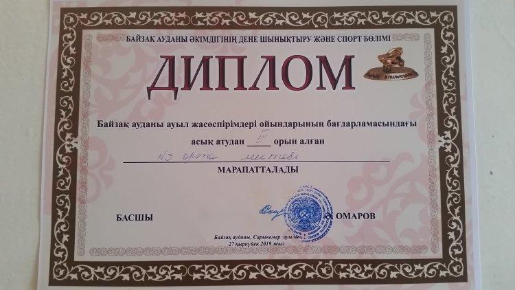 Байзақ ауданы ауыл жасөспірімдері ойындарының бағдарламасындағы "Шекемтастан" "Асық атудан" II- орын алған №3 орта мектеп командасы марапатталады.