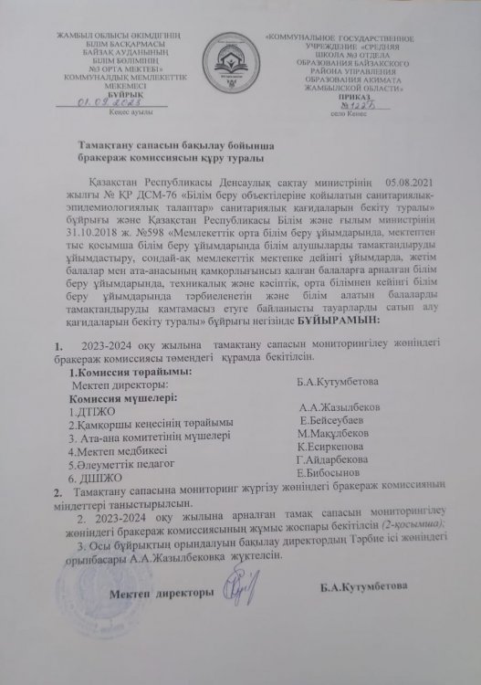 Тамақтану сапасын бақылау бойынша бракераж комиссиясын құру туралы