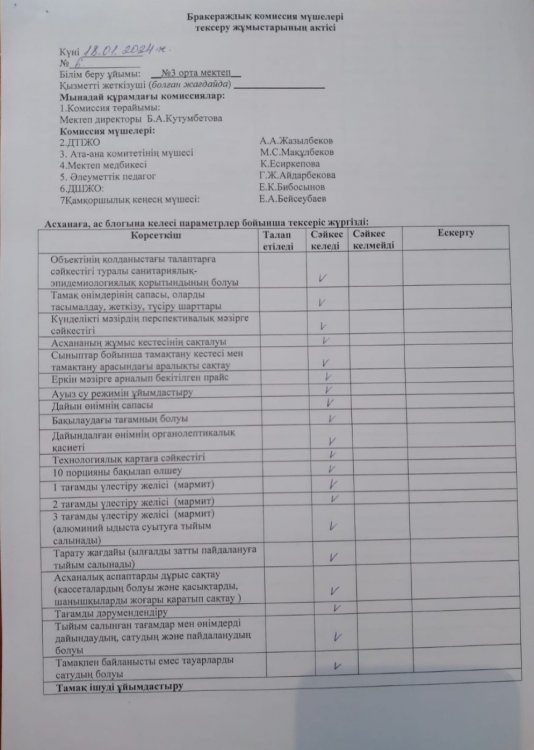 Бракераждық комиссия мүшелері тексеру жұмыстарының актісі